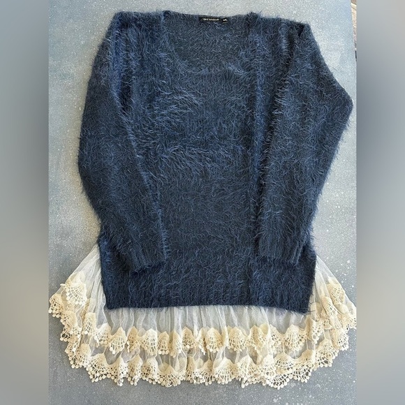 QED London Sweaters - QED London Polo Blue Fuzzy Lace Trim Sweater